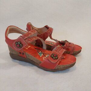 L'Artiste Spring Step Sandals Womens 7.5 Red Leather EU 38 Wedge Comfort Casual.